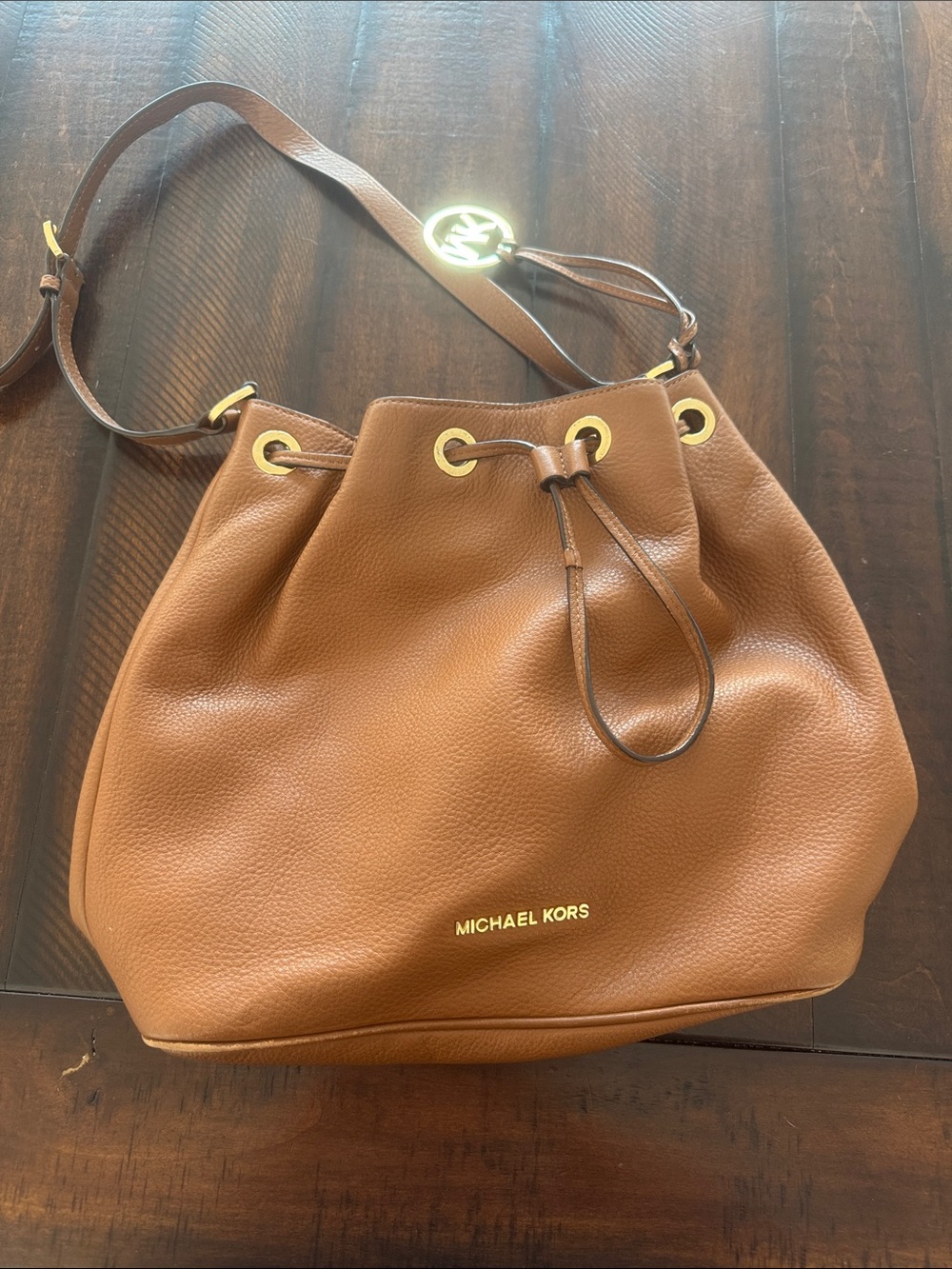 Michael Kors Chestnut Brown Pebbled Leather Drawstring Shoulder Bag